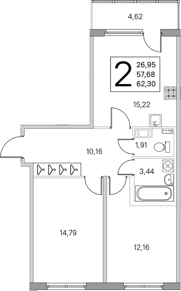 2-комнатная квартира 59.99 м², 2/4 эт., ЖК «Любоград в Стрельне»